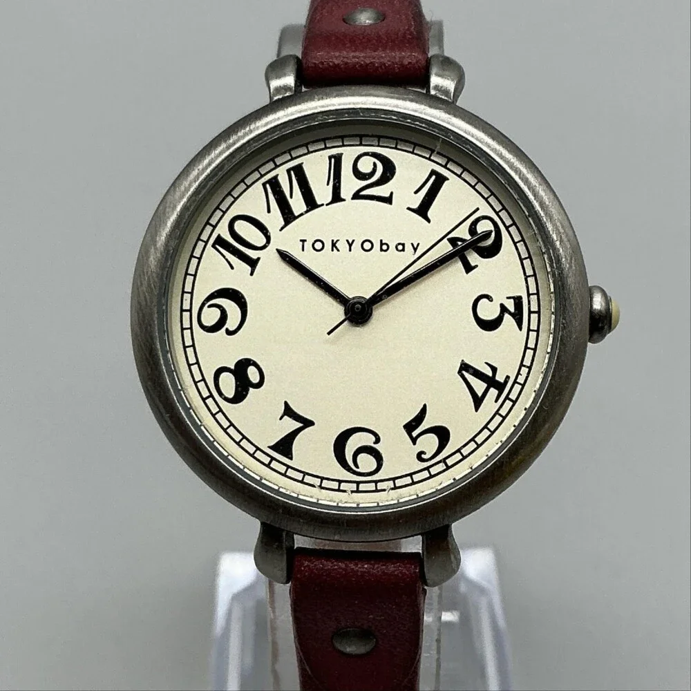 TOKYObay Womens Watch 35mm Silver Tone Cream Dial Red Leather Band New Battery
